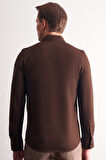 Kahverengi Uzun Kol Düğmeli Yaka Kendinden Desenli Pamuklu Slim Fit Gömlek 1004255267