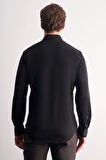 Siyah Düğmeli Yaka Örme Uzun Kol Performans Ürün Slim Fit Esnek Gömlek 1004255270