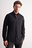 Siyah Düğmeli Yaka Örme Uzun Kol Performans Ürün Slim Fit Esnek Gömlek 1004255270