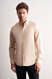 Bej Düğmeli Yaka Örme Uzun Kol Performans Ürün Slim Fit Esnek Gömlek 1004255270
