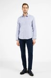 Beyaz-Lacivert Çizgili Desen Sert Yaka Uzun Kol Cepsiz Slim Fit Pamuklu Gömlek 1004255282