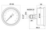 Pakkens 0-60 Bar 100 mm Arkadan Bağlantılı Gliserinli Manometre G 1/2 inç