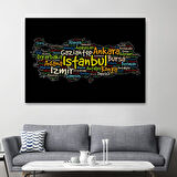 Harita Sepeti İller İsimli Siyah Zeminli Dekoratif Kanvas Tablo 1005