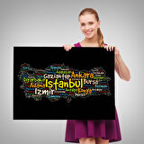 Harita Sepeti İller İsimli Siyah Zeminli Dekoratif Kanvas Tablo 1005