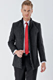 Kaşe Hakim Yaka Desenli Yırtmaçlı Astarlı Slim Fit Dar Kesim Klasik Kaban 1008235151 Siyah