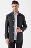 Kaşe Hakim Yaka Desenli Yırtmaçlı Astarlı Slim Fit Dar Kesim Klasik Kaban 1008235153 Siyah