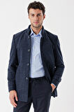 Kaşe Hakim Yaka Desenli Yırtmaçlı Astarlı Slim Fit Dar Kesim Klasik Kaban 1008235153 Koyu Lacivert