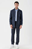 Kaşe Hakim Yaka Desenli Yırtmaçlı Astarlı Slim Fit Dar Kesim Klasik Kaban 1008235153 Koyu Lacivert