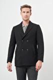 Siyah Kruvaze Kaşe Kılıç Yaka Düz Yırtmaçsız Tam Astar Slim Fit Classic Kaban 1008245152