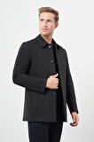 Siyah Kaşe Bebe Yaka Düz Yırtmaçsız Sırt Kapitoneli Astar Comfort Fit Classic Kaban 1008245153