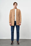 Camel Kaşe Dik Yaka Kapitoneli Astar Slim Fit Dar Kesim Klasik Kaban 1008245171