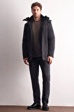 Siyah Çıkma Kapşonlu Dik Yaka Yırtmaçsız Esnek Classic Kaban 1008255165