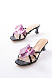 S-622 Siyah Mor Orkide Detaylı İnce Topuklu Kadın Terlik  