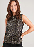  LEOPAR GOLD DESENLİ SİYAH KOLSUZ BLUZ