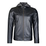 Selino Siyah Erkek Kapüşonlü Deri Mont