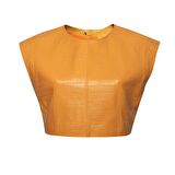 Luna Turuncu Kadın Kroko Baskılı Deri Crop Top