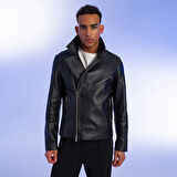 Santo Siyah Erkek Deri Biker Ceket