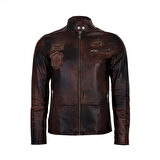 Kahve Erkek Vintage Deri Biker Ceket