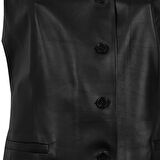 Siena Siyah Kadın Deri Keten Yelek/Bluz