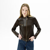 Kadın Kahve Perfore Detaylı Deri Ceket