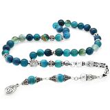 Koleksiyonluk 925 Ayar Gümüş Püsküllü Küre Kesim Mavi-Turkuaz Akik Doğaltaş Tesbih