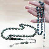 925 Ayar Gümüş Kral Zincir Püsküllü Gümüş Firuze İşlemeli Erzurum Oltu Taşı Tesbih