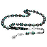 925 Ayar Gümüş Kral Zincir Püsküllü Gümüş Firuze İşlemeli Erzurum Oltu Taşı Tesbih