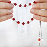 925 Ayar Gümüş Kişiye Özel Harf Püsküllü Küre Kesim Kırmızı Beyaz Jade Akik Doğaltaş Taraftar Tesbih