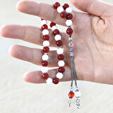 925 Ayar Gümüş Kişiye Özel Harf Püsküllü Küre Kesim Kırmızı Beyaz Jade Akik Doğaltaş Taraftar Tesbih