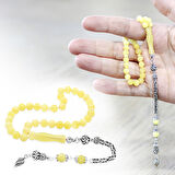 925 Ayar Gümüş Kral Zincir Püsküllü Küre Kesim Soft Sarı Beyaz Doğal Damla Kehribar Tesbih