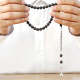 Erzurum Oltu Taşı Tesbih - 925 Ayar Gümüş Kral Püsküllü - Firuze Mercan İşlemeli - Küre Kesim