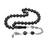 Erzurum Oltu Taşı Tesbih - 925 Ayar Gümüş Kral Püsküllü - Yoğun Gümüş İşlemeli - Küre Kesim