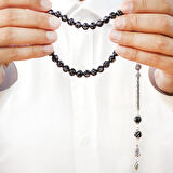 Erzurum Oltu Taşı Tesbih - 925 Ayar Gümüş Kral Püsküllü - Yoğun Gümüş İşlemeli - Küre Kesim