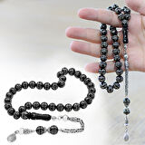 Erzurum Oltu Taşı Tesbih - 925 Ayar Gümüş Kral Püsküllü - Yoğun Gümüş Yıldız İşlemeli - Küre Kesim