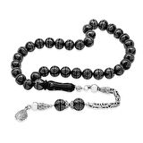 Erzurum Oltu Taşı Tesbih - 925 Ayar Gümüş Kral Püsküllü - Yoğun Gümüş Yıldız İşlemeli - Küre Kesim