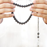 Erzurum Oltu Taşı Tesbih - 925 Ayar Gümüş Kral Püsküllü - Yoğun Gümüş Yıldız İşlemeli - Küre Kesim