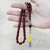 Çubuk Sıkma Kehribar Tesbih - Osmanlı Saray Püsküllü - Koyu Kırmızı Renk - Kapsül Kesim