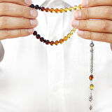 Damla Kehribar Tesbih - 925 Ayar Gümüş Kral Zincirli - Süzme Sarı Kırmızı Renk - Küre Kesim