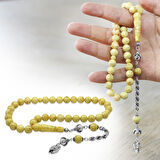 Damla Kehribar Tesbih - 925 Ayar Gümüş Halat Püsküllü - Küre Kesim - King Seccer - Premium Kutulu