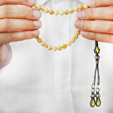 Damla Kehribar Tesbih - 1000 Ayar Gümüş Kazaz Püsküllü - King Seccer - Küre Kesim - Premium Kutulu