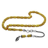 Ateş Kehribar Tesbih - 925 Ayar Gümüş Zincir Püsküllü - Bilek Boy - Sarı Beyaz Renk - Kapsül Kesim
