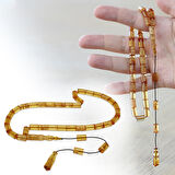 Ateş Kehribar Tesbih - Sistemli - Sarı Beyaz Hareli - Kesme Kesim