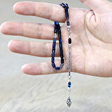 Ateş Kehribar Tesbih - Kararmaz Arnavut Püsküllü - Bilek Boy - Lacivert Beyaz Renk - Kapsül Kesim