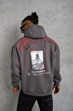 Erkek Ön ve Arka Baskılı Kapüşonlu 3 İplik Sweatshirt - Füme