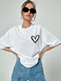 Kadın Bisiklet Yaka Baskılı Oversize T-Shirt - Beyaz