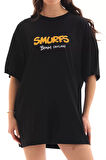 Unisex Bisiklet Yaka Baskılı Oversize T-Shirt - Siyah