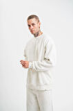 Unisex Uzun Kol Bisiklet Yaka Yıkamalı SweatShirt - Beyaz