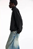 Oversize Yarım Farmuarlı Yakalı Basic SweatShirt - Siyah