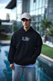 Üç İplik Penye Kapşonlu Baskılı SweatShirt - Siyah