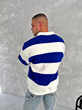 Unisex Üç İplik Parçalı Yakalı SweatShirt - Mavi